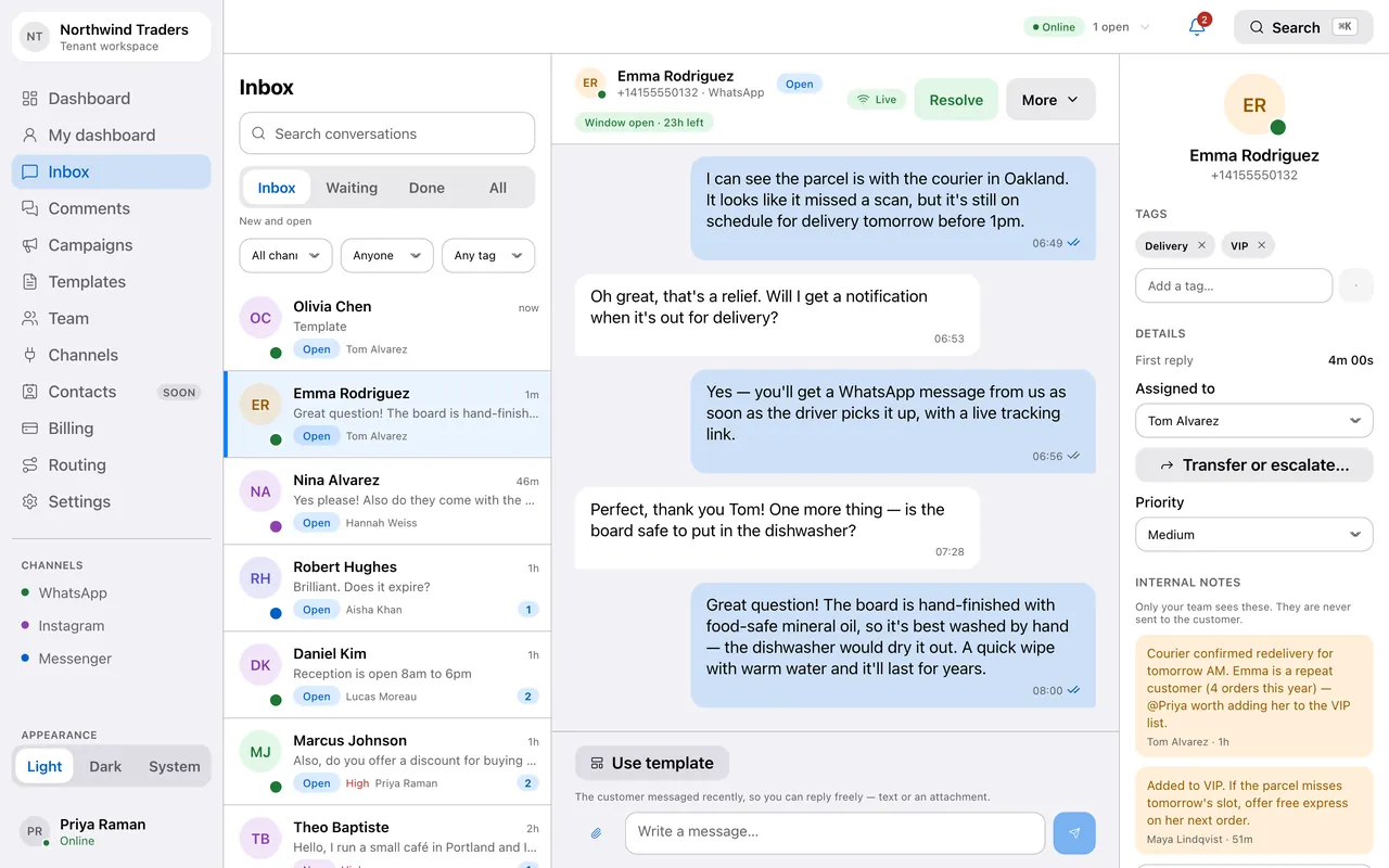 Animation: a new WhatsApp conversation appearing in the inbox and being routed to an agent
