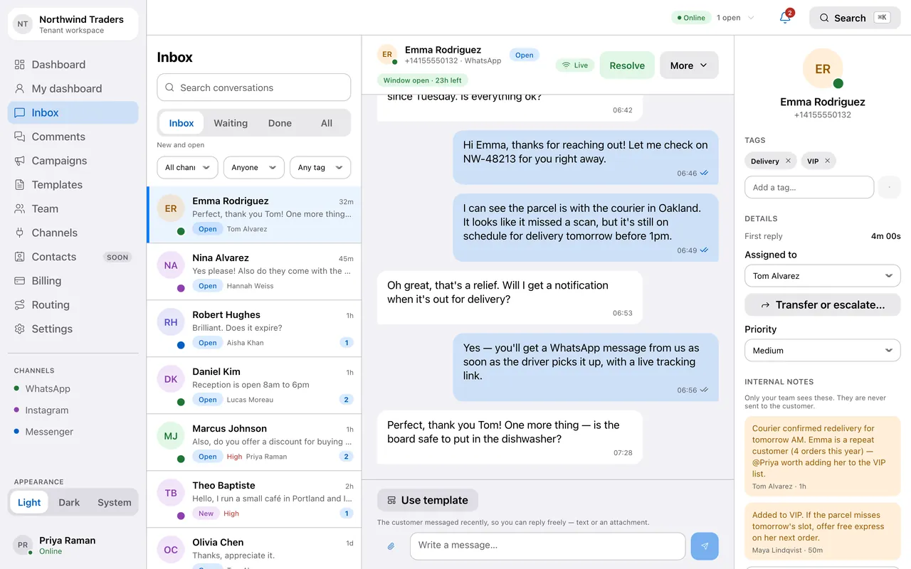 Animation: a reply moving through queued, sent, delivered and read