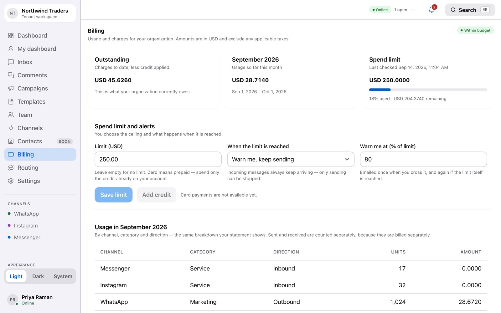 The billing page with month-to-date usage, spend limit and usage breakdown