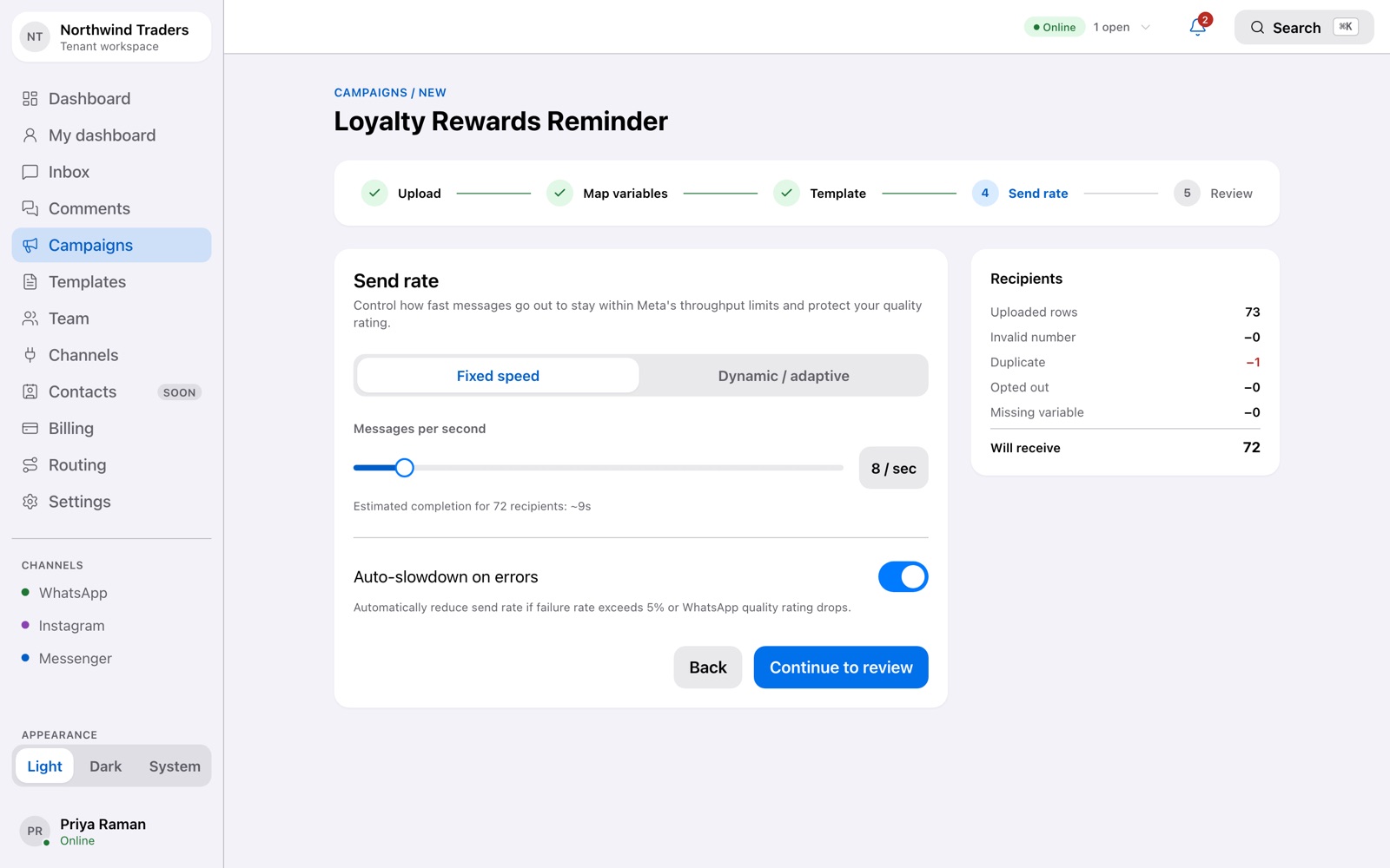 The send-rate step of the campaign builder with live progress