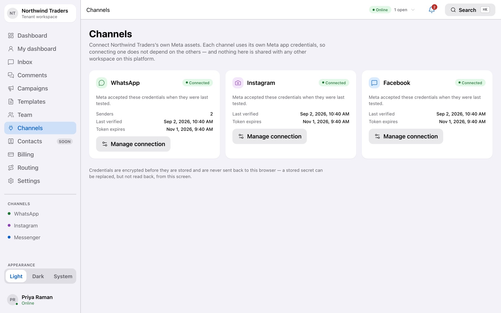 Channel overview showing WhatsApp, Instagram and Facebook connection status