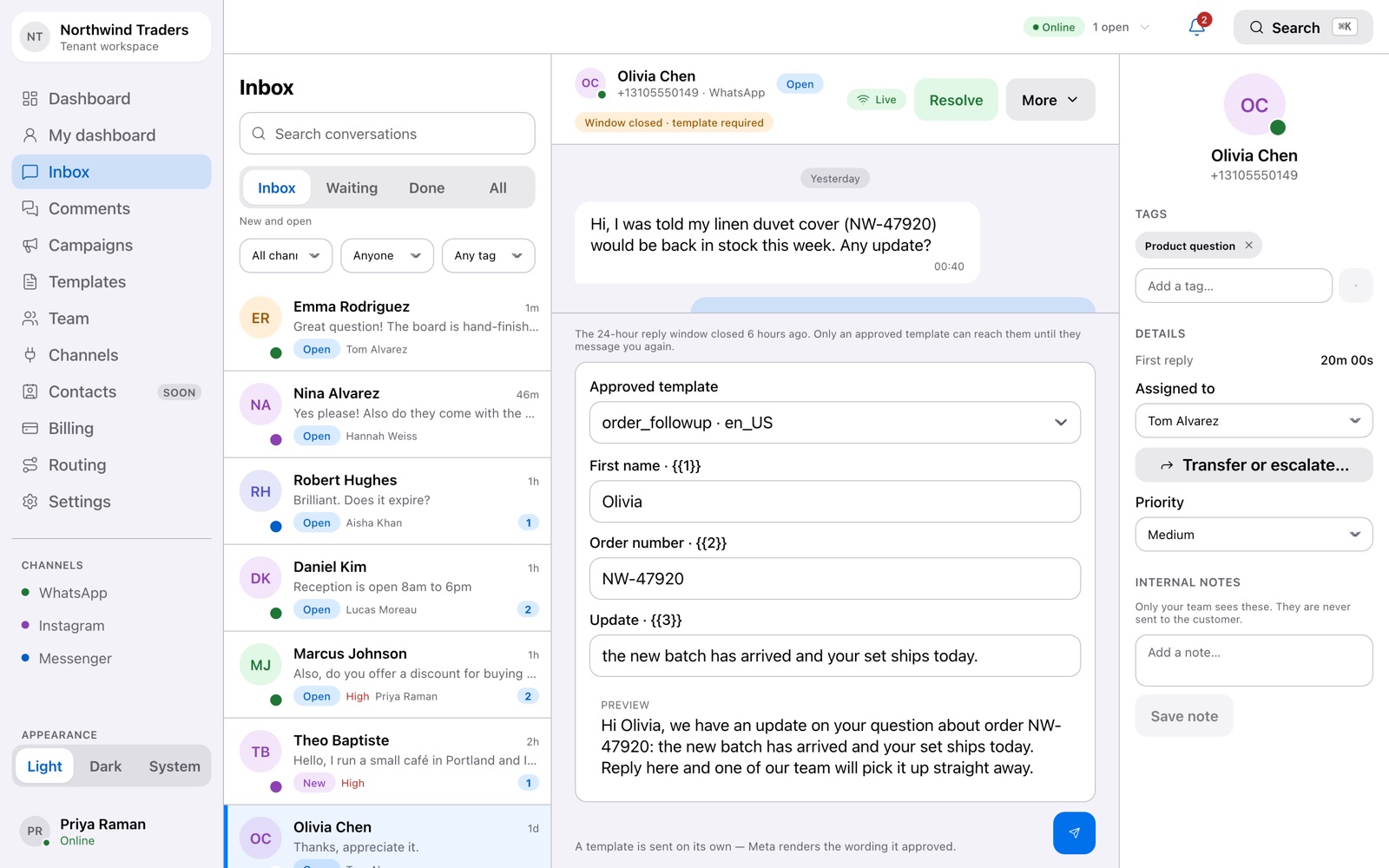 The composer offering only approved templates once the 24-hour window has closed