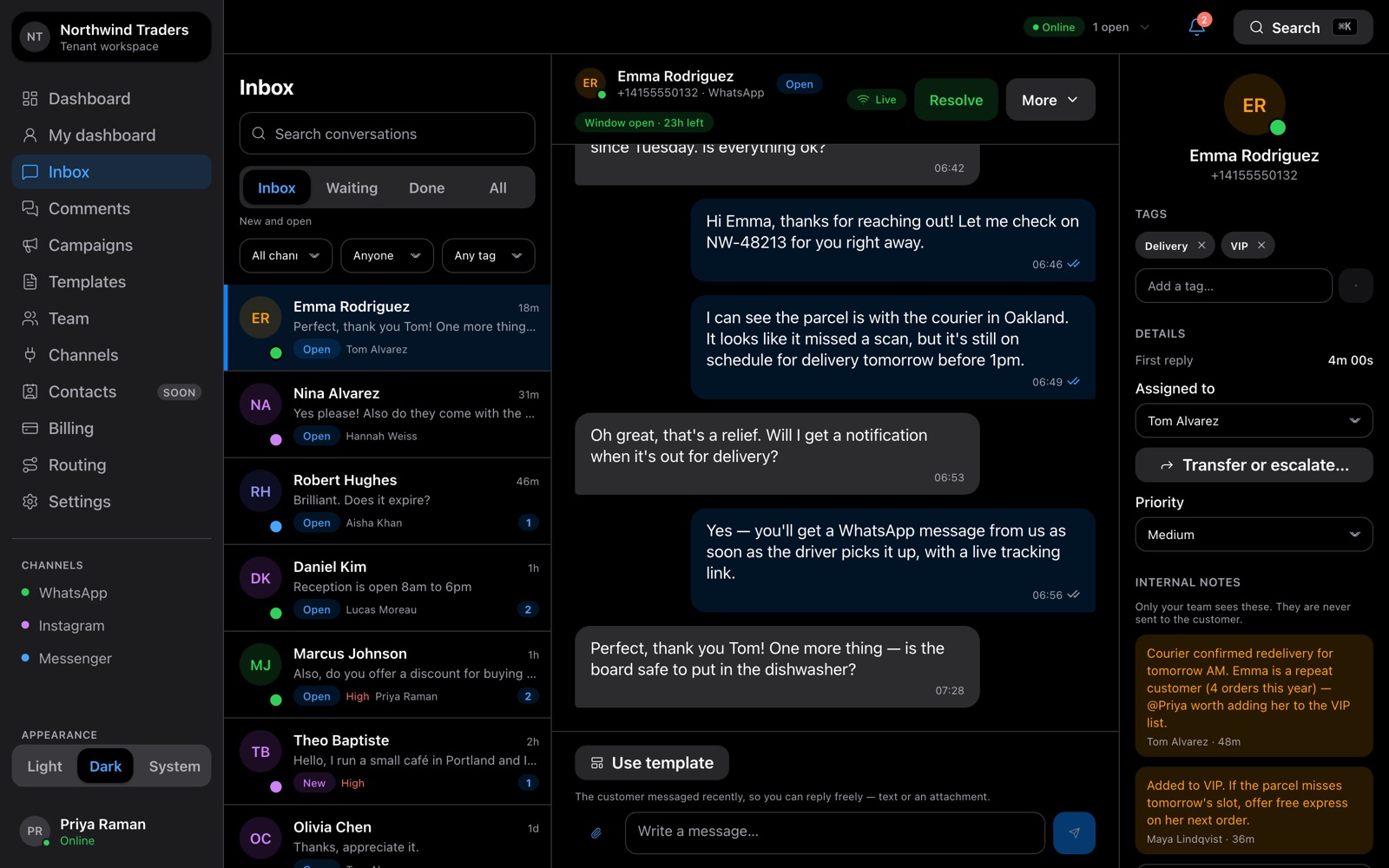 The inbox in dark mode