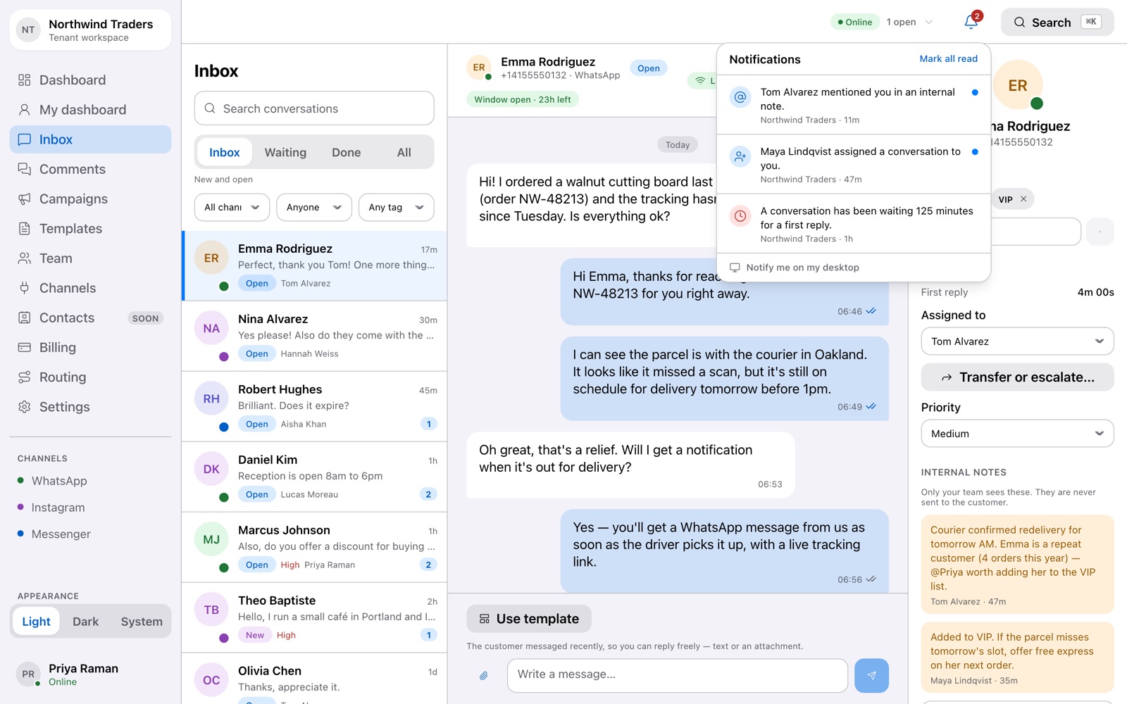 The notification centre showing a live assignment
