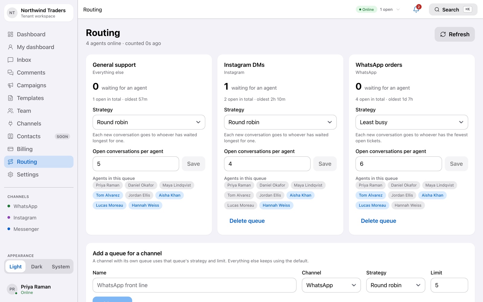Queue depth and routing strategy screen