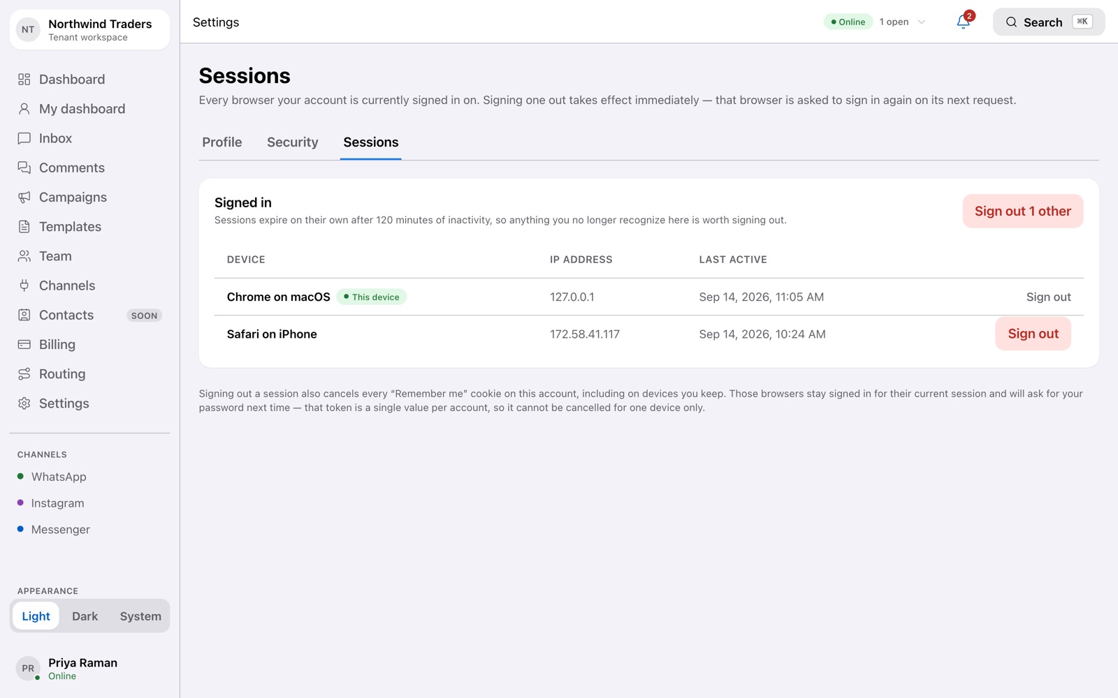 Active sessions with the option to sign out other devices