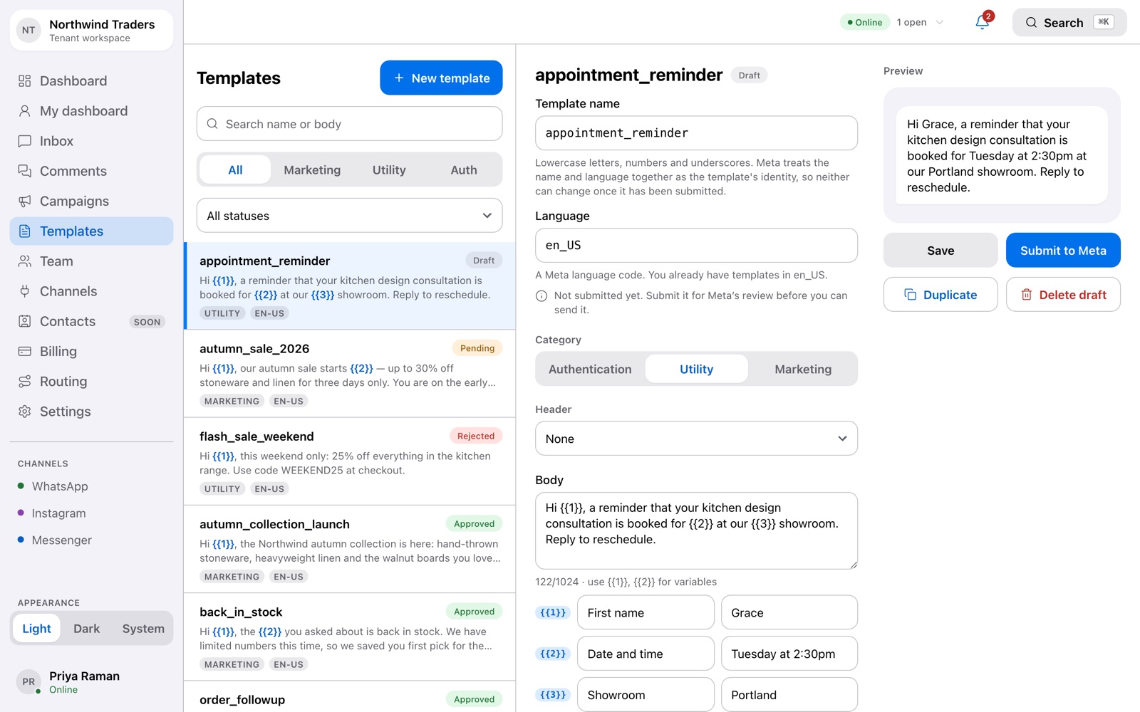 Template builder with a live WhatsApp bubble preview