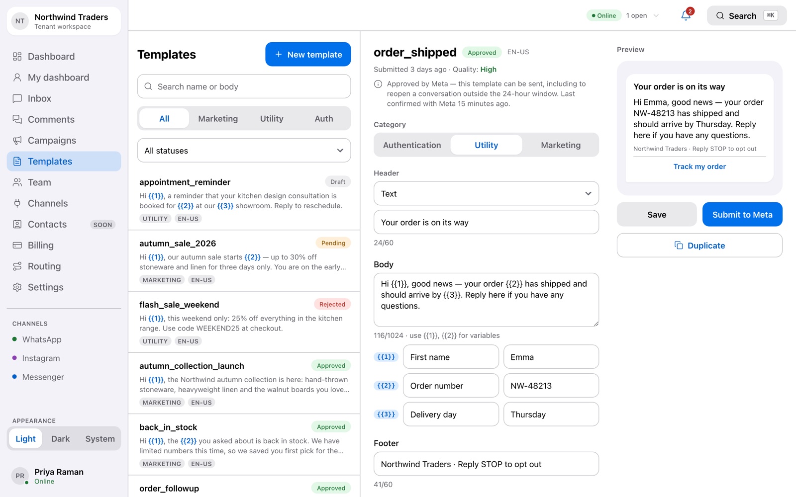 Template library with approval status badges