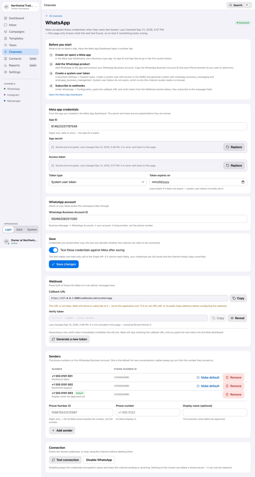 Guided WhatsApp setup screen
