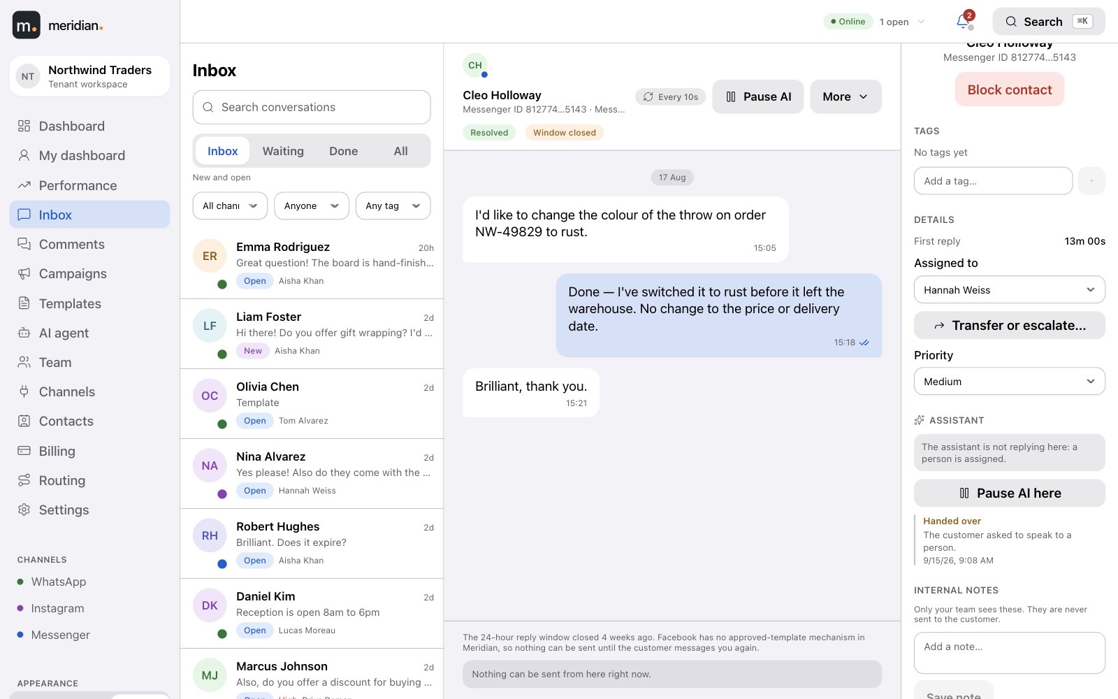 A conversation where the assistant handed over because the customer asked for a person, with Pause AI here