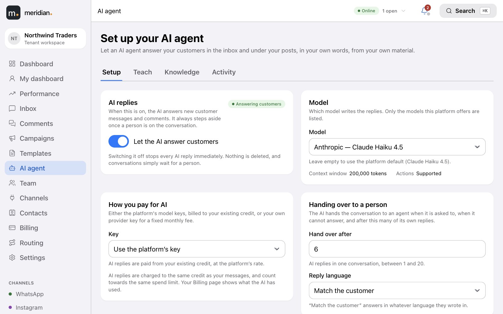 AI agent setup: the answer switch, model choice, how you pay and hand-over settings