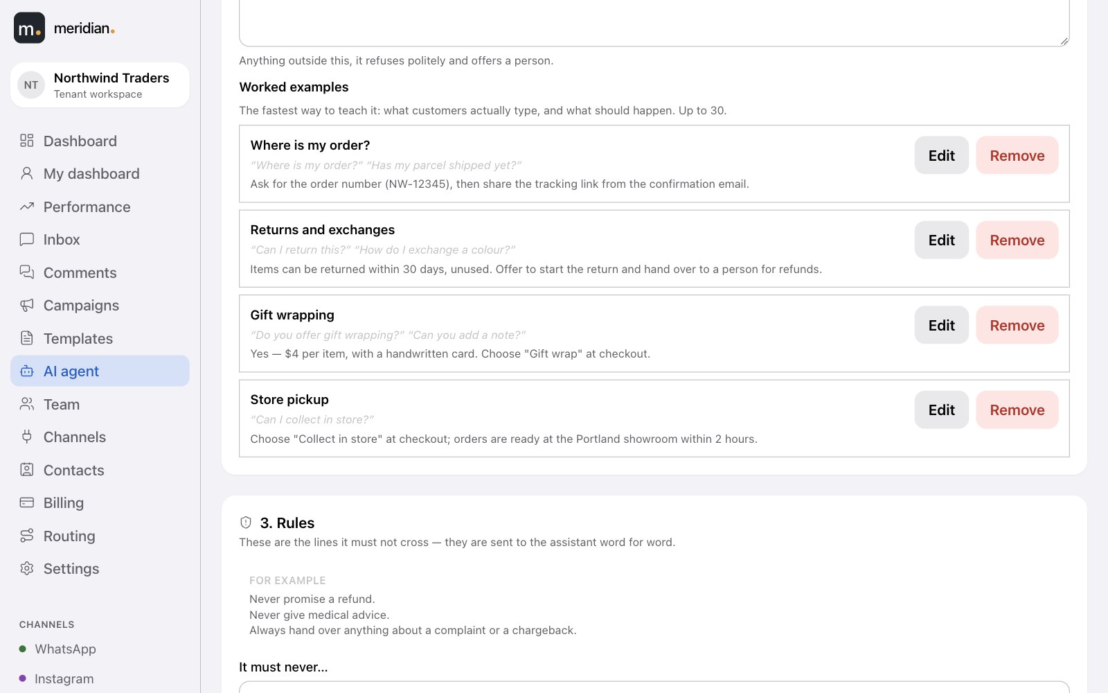 Worked examples: where is my order, returns and exchanges, gift wrapping, store pickup