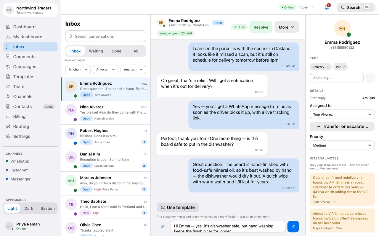 Animation: the composer switching to approved templates once the 24-hour window closes