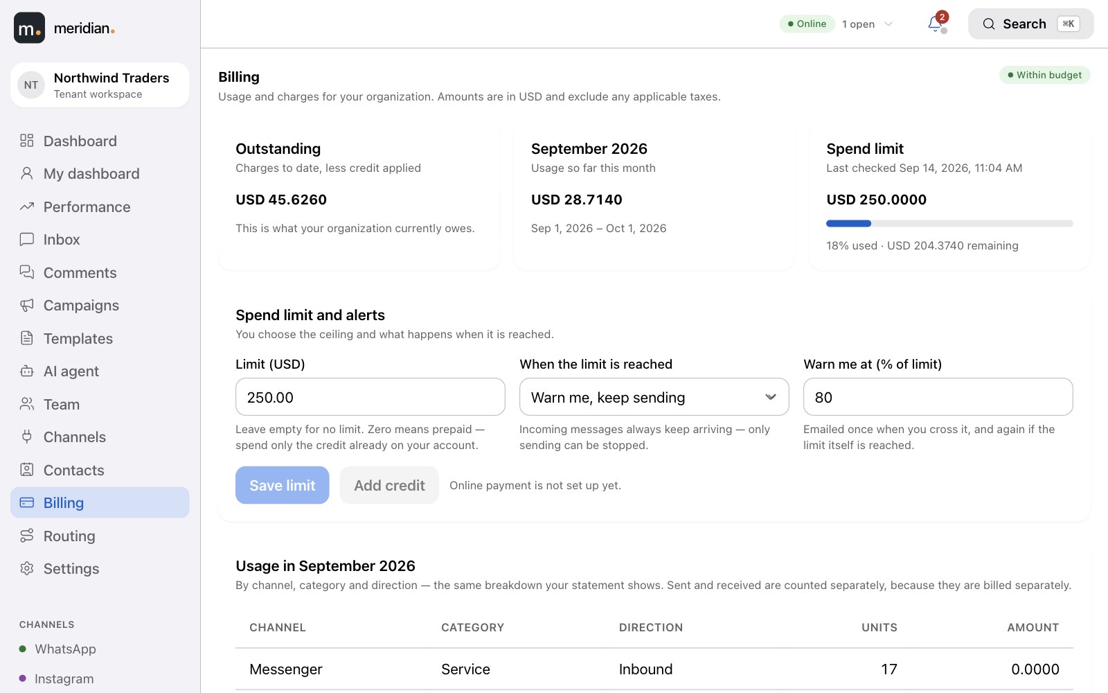 The billing page with month-to-date usage, spend limit and usage breakdown