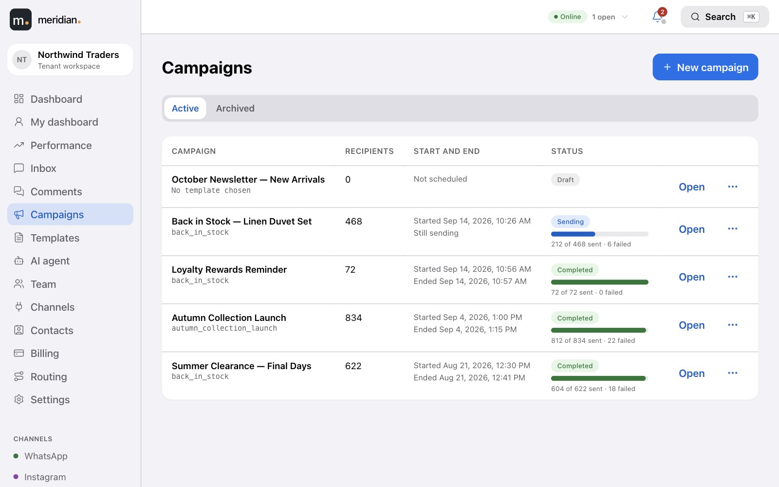 The list of campaigns with their start and end times and status