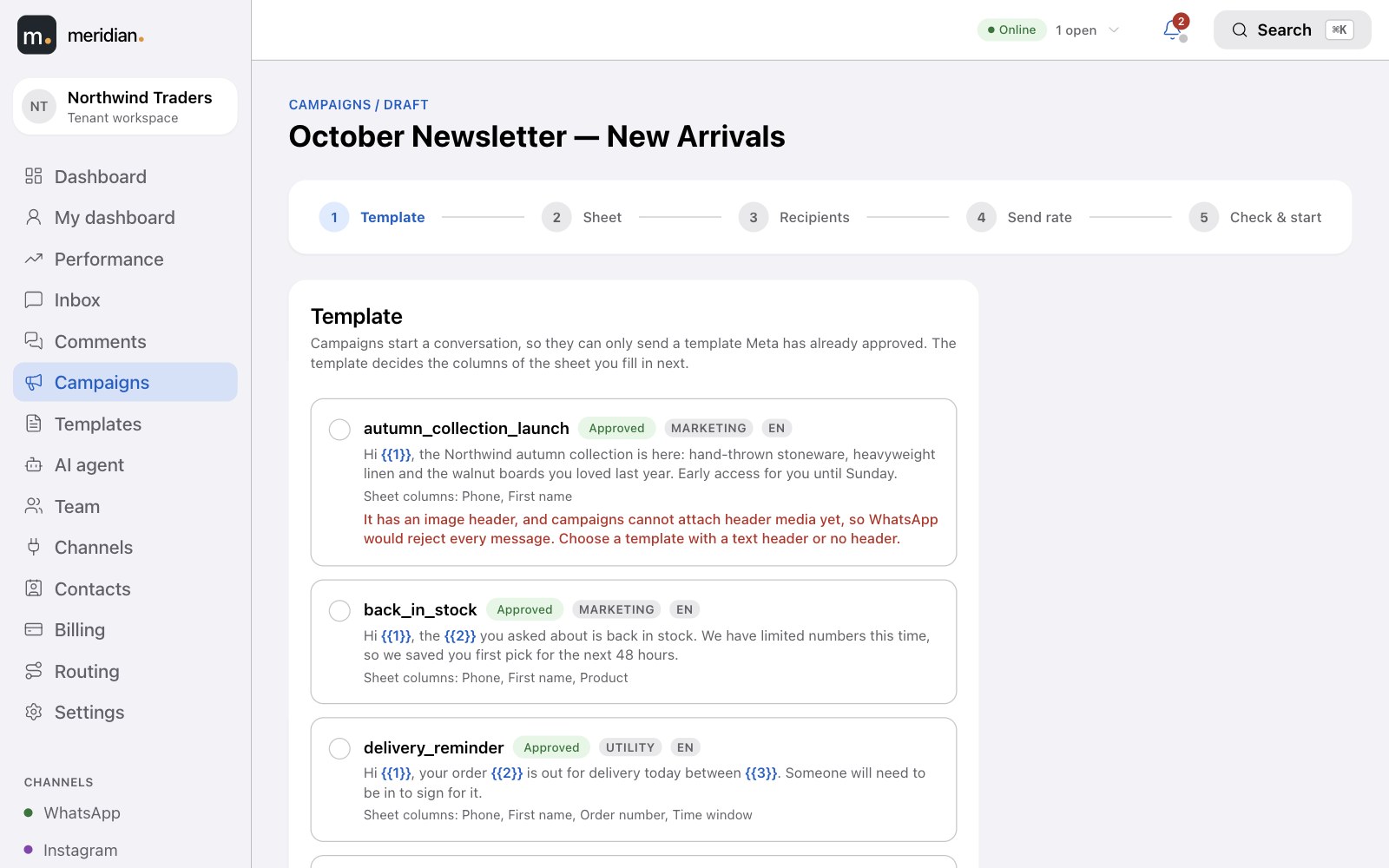 The campaign builder's first step: approved templates with the sheet columns each one needs