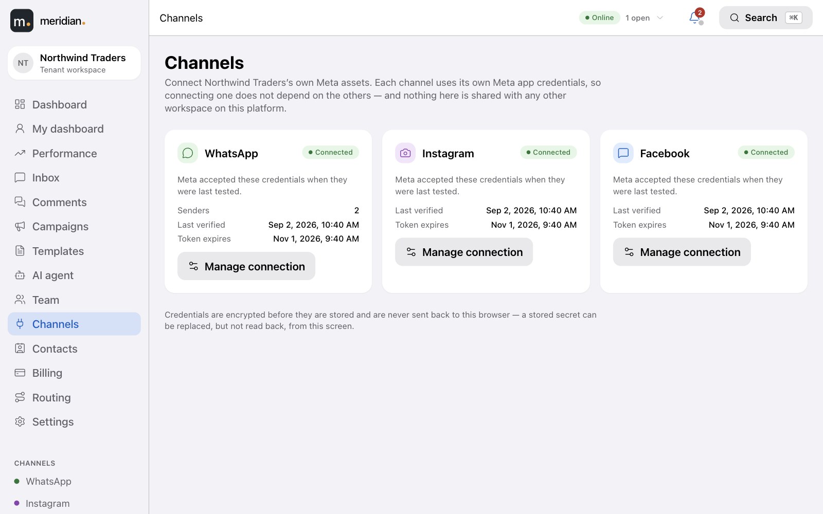Channel overview showing WhatsApp, Instagram and Facebook connection status