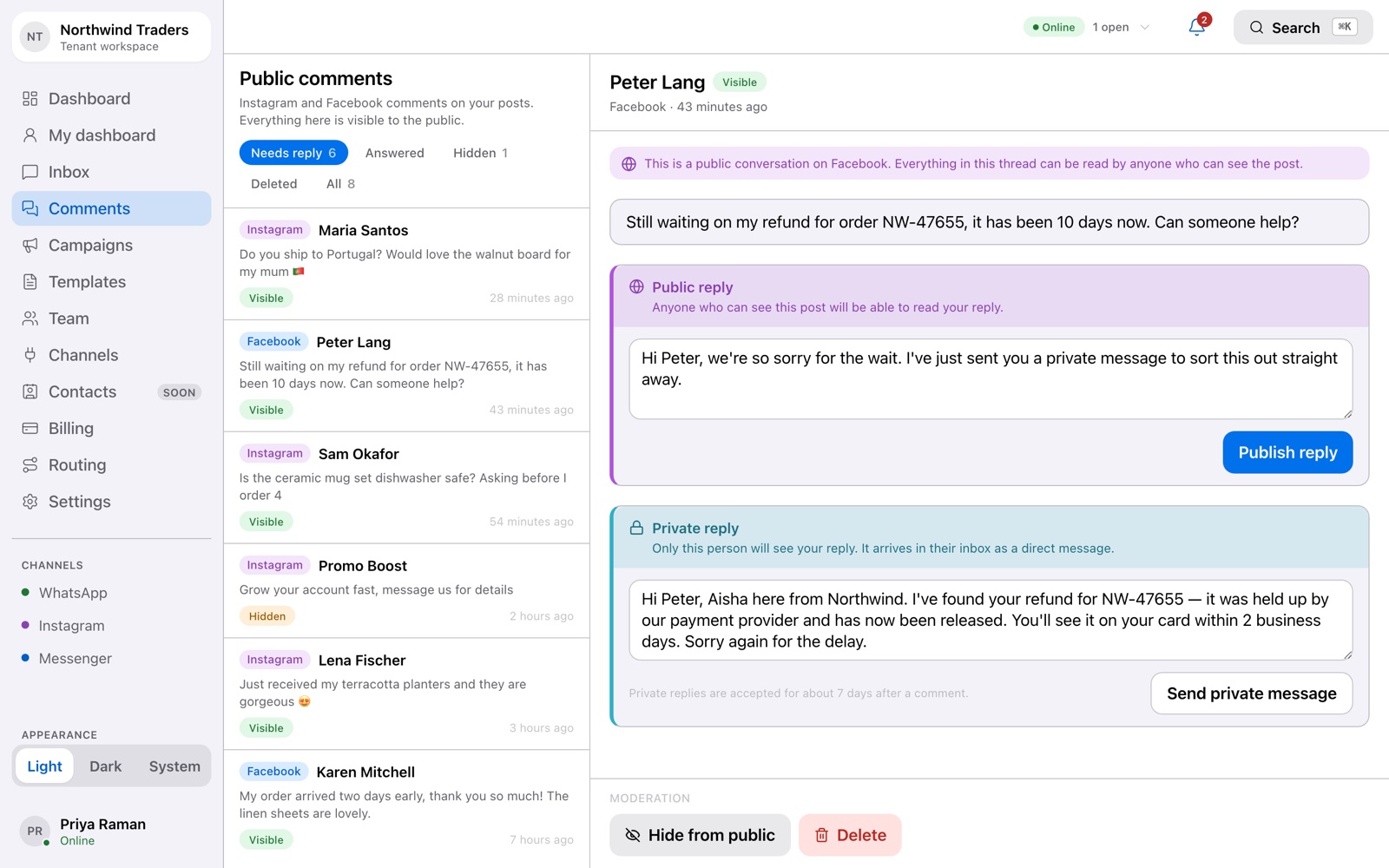 The comments queue with a Facebook comment selected and public and private replies drafted