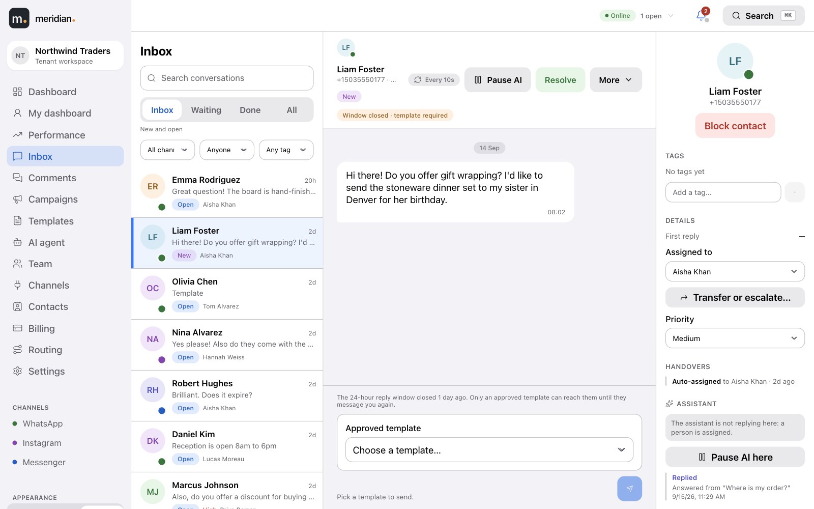 The composer offering only approved templates once the 24-hour window has closed