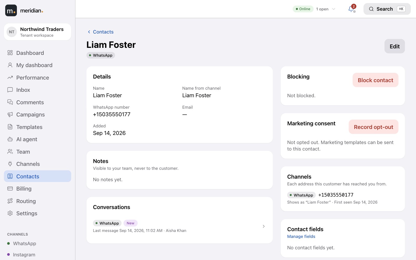 A contact profile with details, notes, conversations, blocking, marketing consent and channels