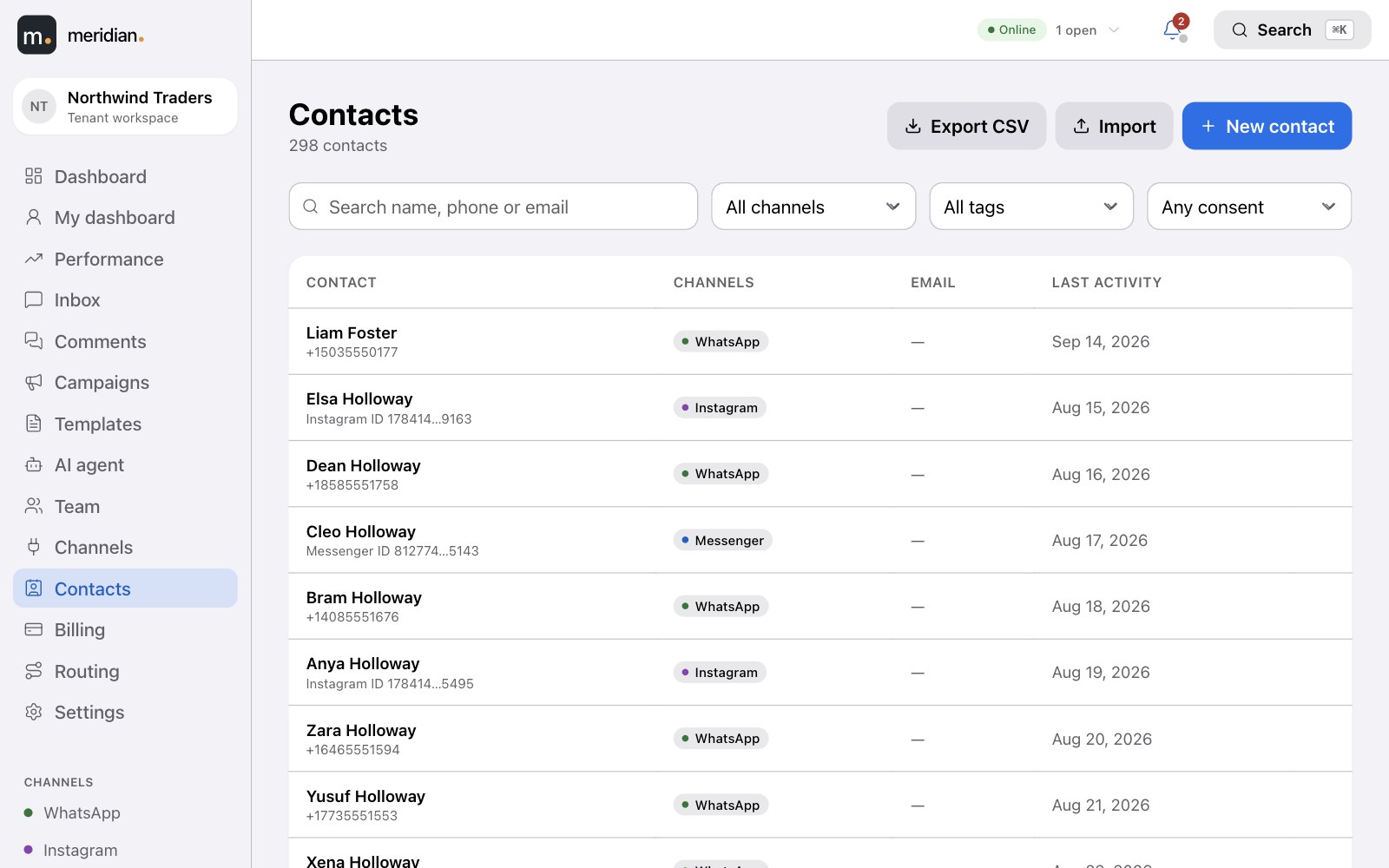 The contacts list with search, channel, tag and consent filters, import and export