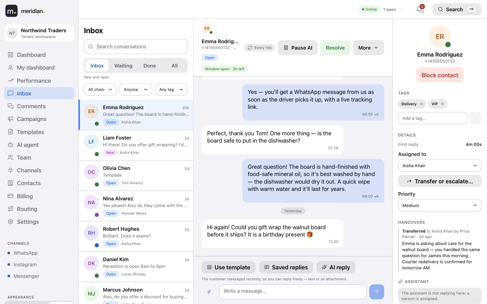 The Meridian inbox with a WhatsApp conversation open