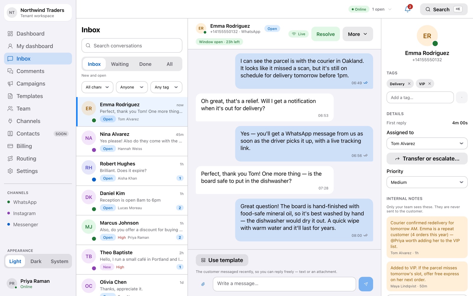 A conversation with status, priority, tags, assignment and an internal note