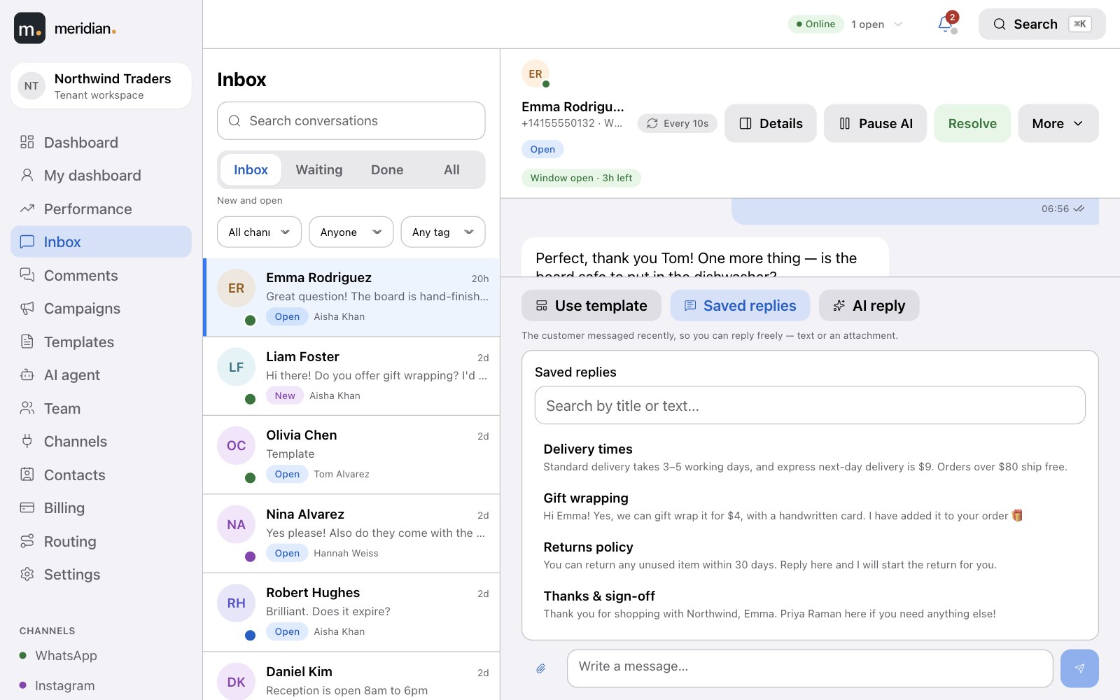 The composer's saved replies picker with delivery times, gift wrapping and returns policy snippets
