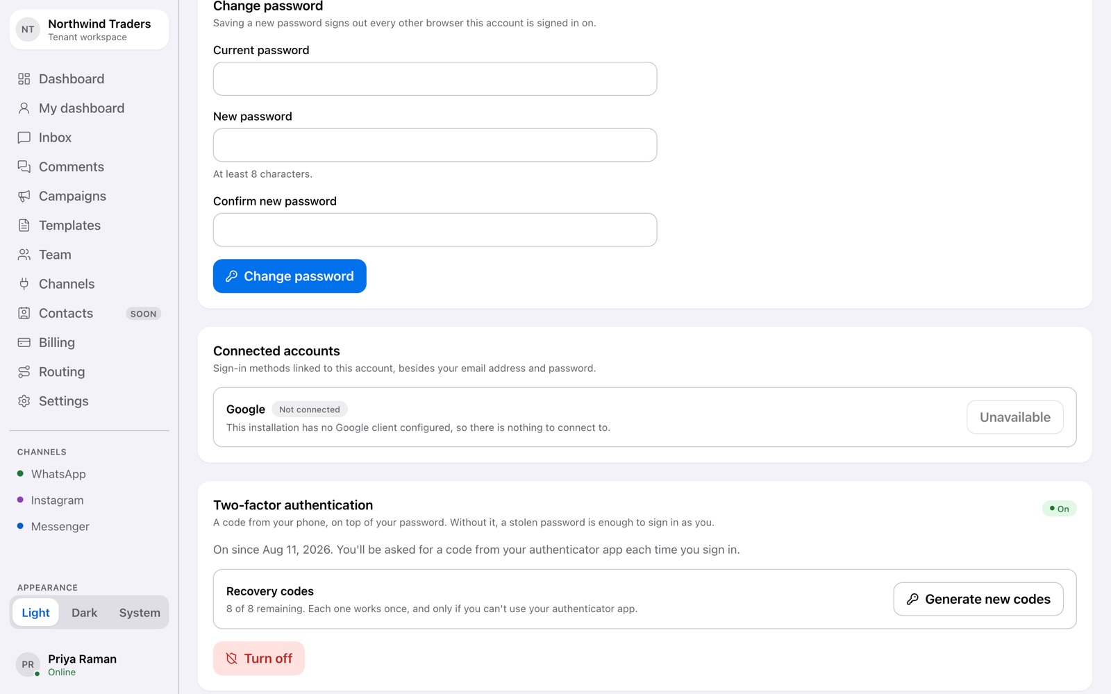 Security settings with password, Google connection and two-factor authentication