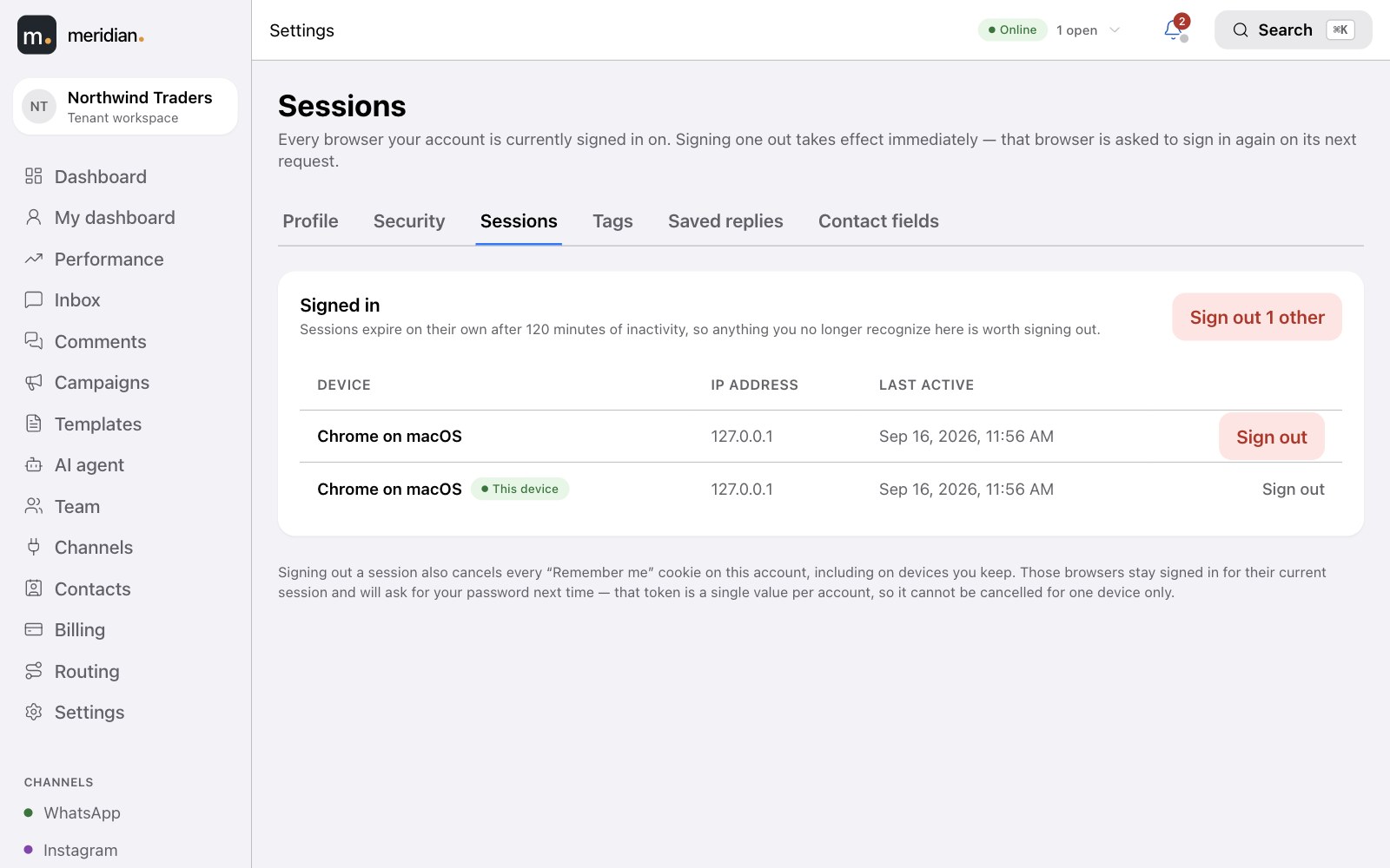 Active sessions with the option to sign out other devices
