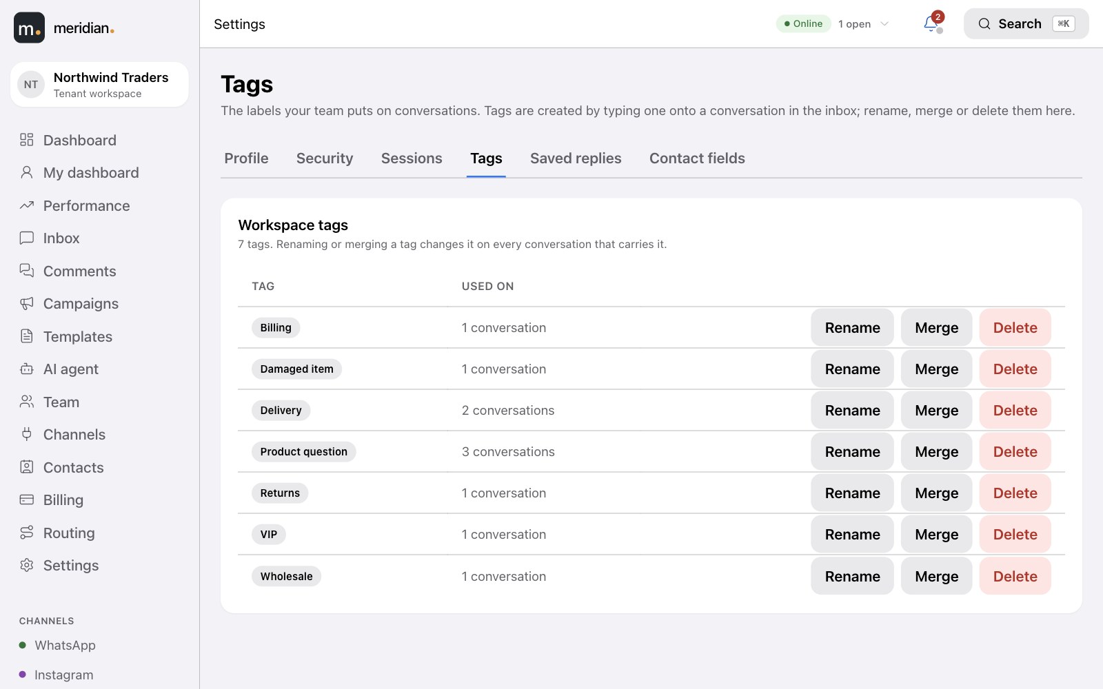 Workspace tags with rename, merge and delete