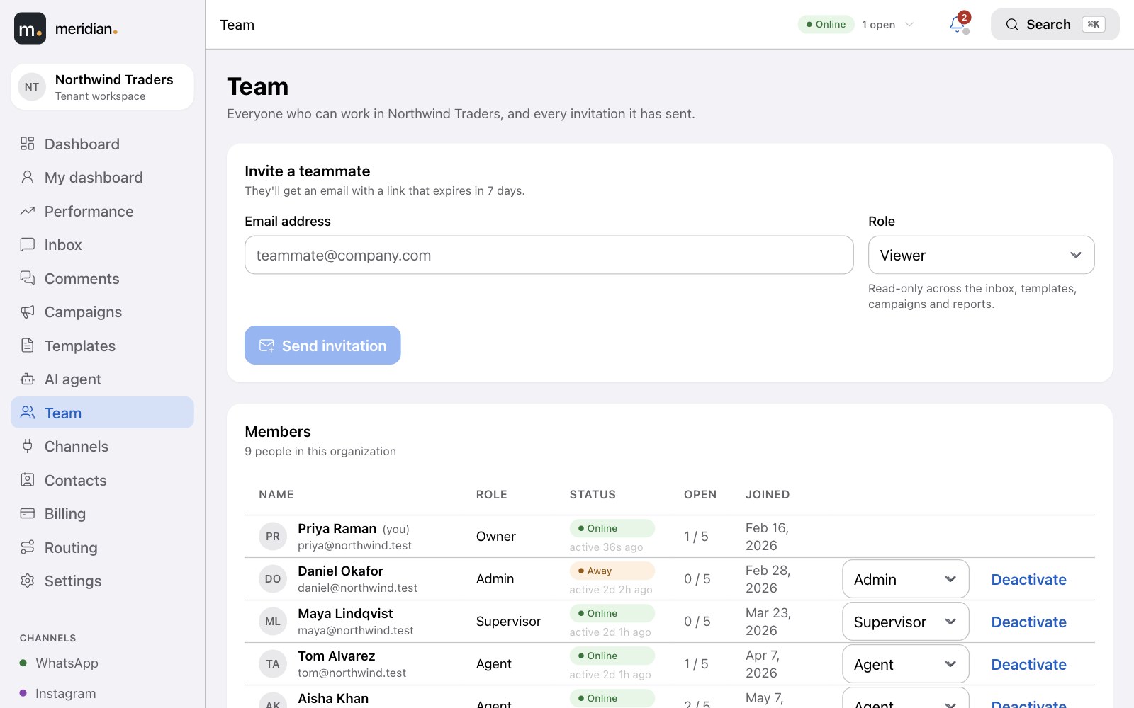 Supervisor view of every agent's status and workload against their limit