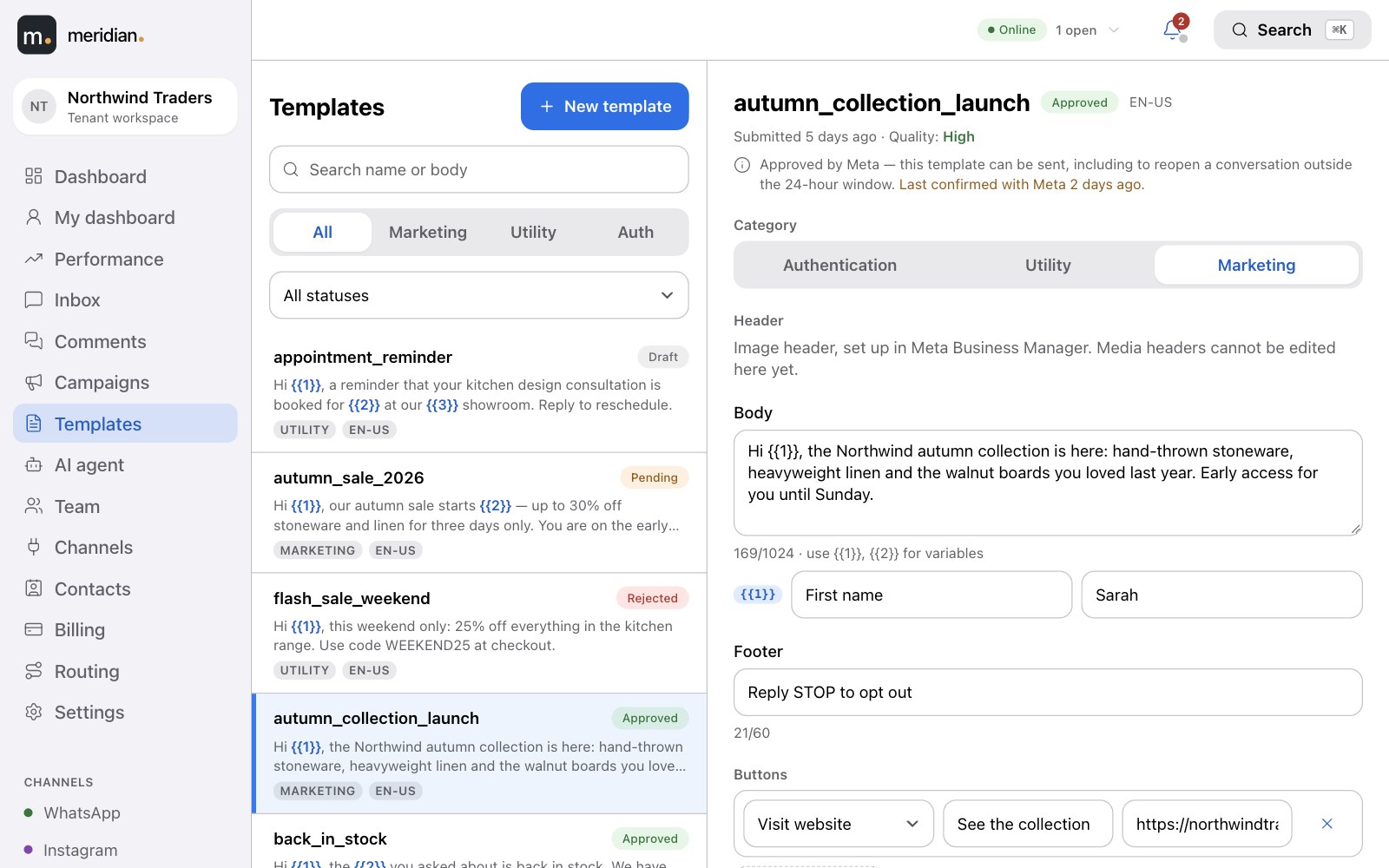 Template builder with a live WhatsApp bubble preview