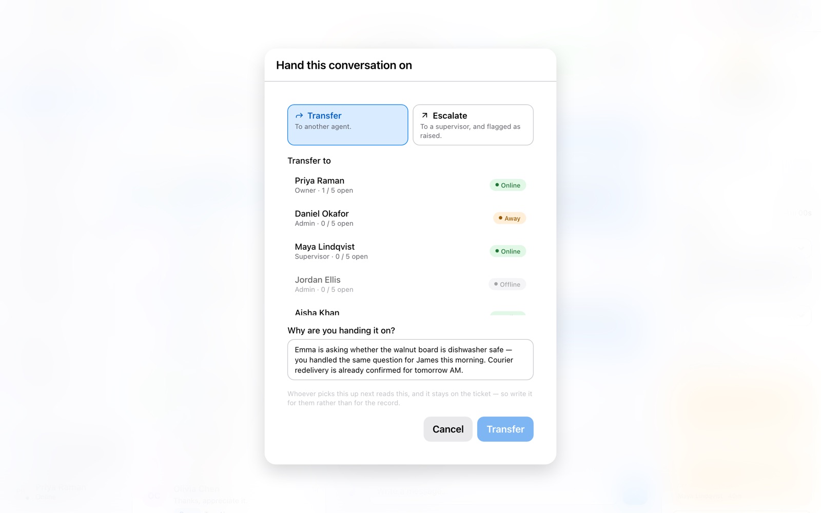 Transfer dialog with a required reason and each recipient's availability