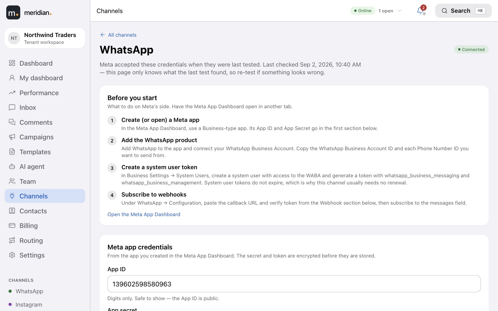 Guided WhatsApp setup screen